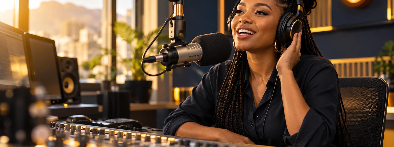 Radio presenter at the microphone in a studio