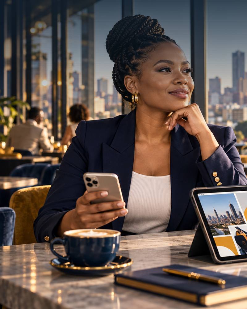 South African business owner reading a digital magazine on a tablet