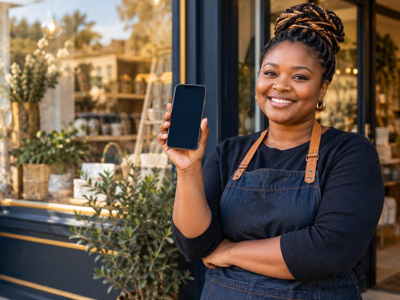 Business owner showing her advert on a phone